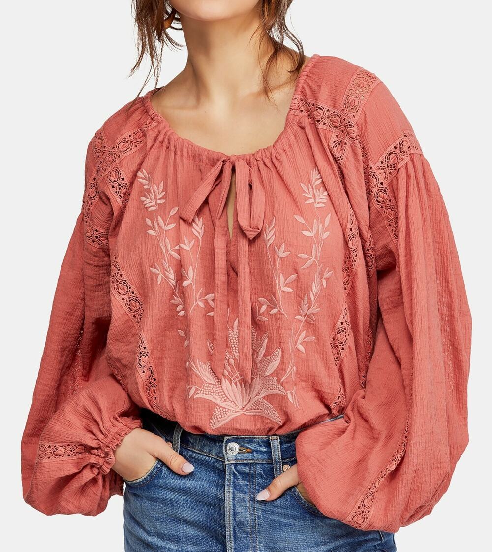Free People Maria Long Sleeve Cotton Tie Neck Embroidered Blouse Coral Red M